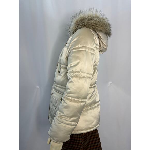 2000s Esprit Faux Fur Hooded Cream Winter Puffer Coat Size Medium - Picture 7 of 13